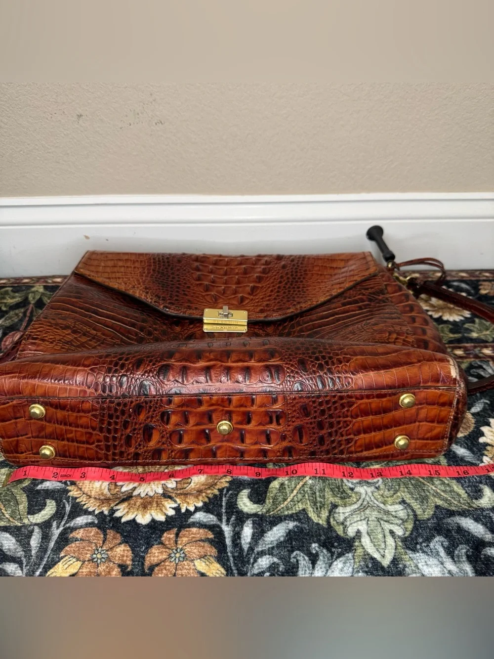 BRAHMIN | Cognac Croc-Embossed Leather Satchel with Gold Hardware